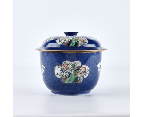 Chinese powder blue porcelain covered bowl with floral decoration. With a Kangxi style mark along the underside.Bowl; height: