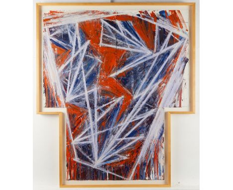 Mel Bochner (American, b. 1940). Oil and enamel on paper titled "Nomad," 1983, depicting abstract shapes and lines of blue, r