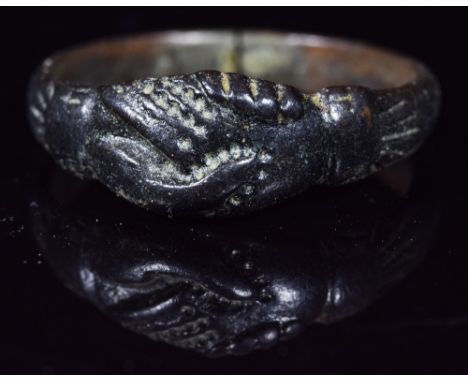 Ca. 1500 AD. Wearable Late Medieval, Tudor period, fede / betrothal ring with oval hoop and bezel shaped as clasped hands (la