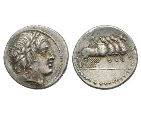 (19mm, 3.60g, 6h). Head of Apollo Vejovis r., wearing oak wreath; thunderbolt below. R/ Jupiter driving quadriga, holding rei