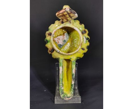 Ca.1000 AD Medieval Islamic terracotta glazed clay moulded oil lamp with geometric design relief and multicolour glazing; cha