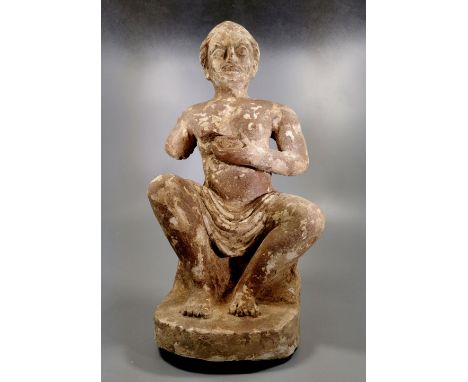 Ca.400 AD. Rare Gandhara Stucco of a Seated nobleman, A lovely head of a statuette in dark stucco, native to the valleys that