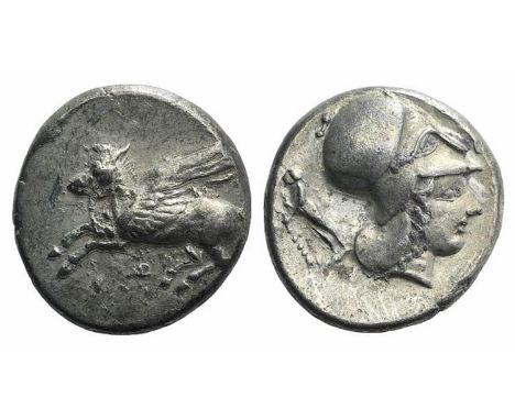 (21mm, 8.44g, 11h). Pegasos flying l. R/ Head of Athena r., wearing Corinthian helmet; behind, Archaic male figure standing l