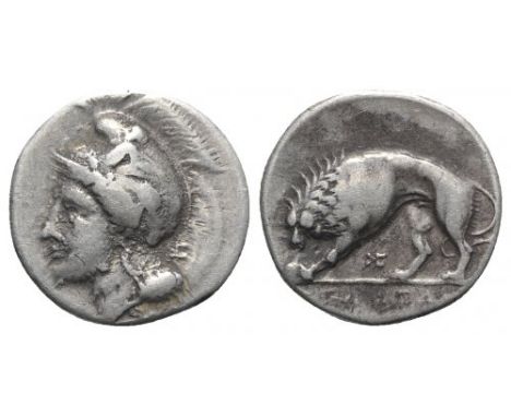 (20mm, 7.39g, 6h). Helmeted head of Athena l.; monogram behind neck. R/ Lion standing l.; monogram below