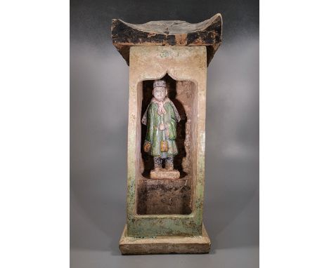 Ca. 1368-1644 AD. Attractive green-glazed ceramic roof terminal comprising a rectangular chamber shrine with pelmet and later