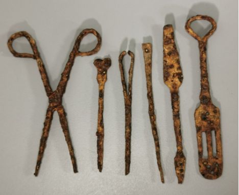 Ca.100 AD . Amazing Collection of Roman Medical iron tools- tweezers, forceps, scalpel, spoon, needle , probe; Good Condition