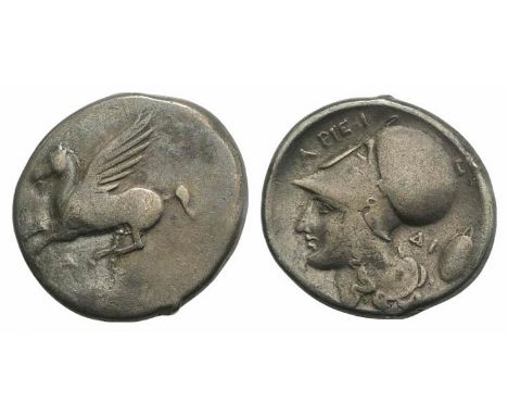(23mm, 7.98g, 6h). Pegasos flying l. R/ Helmeted head of Athena l.; ?I to inner r., shield with strap to outer r. Pegasi 20/1