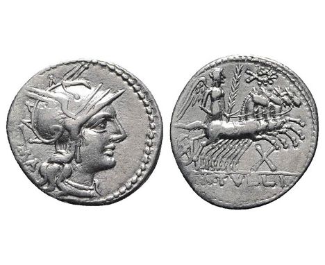 (20mm, 3.87g, 7h). Helmeted head of Roma r. R/ Victory driving galloping quadriga r., holding palm frond and reins,wreath abo