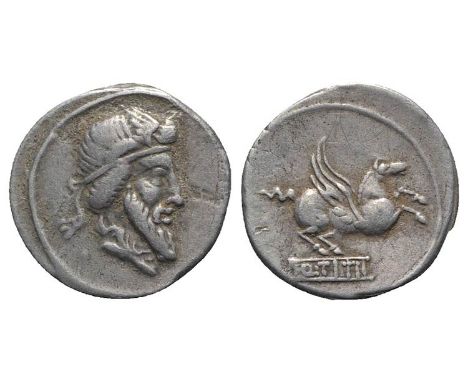 (18mm, 3.91g, 2h). Bearded head of Mutinus Titinus r., wearing winged diadem. R/ Pegasus springing r. from inscribed tablet.C