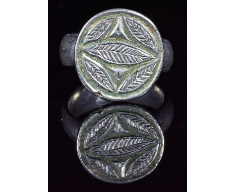 Ca.1200 AD. Very Rare wearable Crusaders silver ring, compromising a circular shaped bezel with "eye of providence" motif. Th