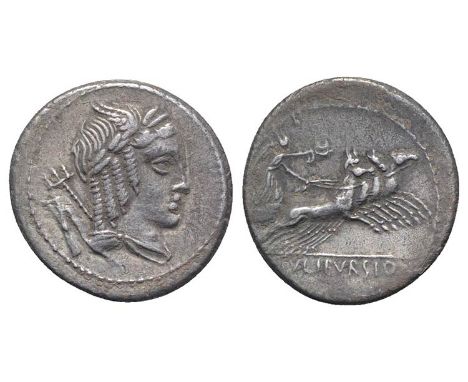 (20mm, 3.79g, 7h). Laureate and winged bust of Apollo Vejovis r.; trident over shoulder; symbol behind. R/ Victory in quadrig