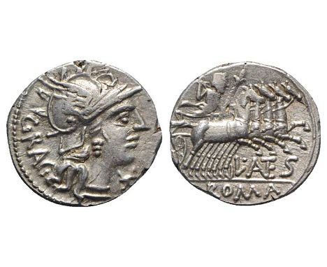(19mm, 3.85g, 12h). Helmeted head of Roma r. R/ Jupiter driving quadriga r., holding reins and sceptre and preparing to hurl 