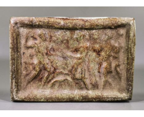 Ca.1700 AD. Interesting rectangular green-glazed ceramic tile depicting groups of armed men fighting; keyed incisions to the 