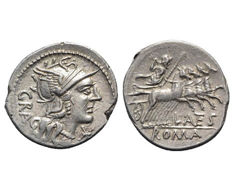(18mm, 4.00g, 2h). Helmeted head of Roma r. R/ Jupiter driving quadriga r., holding reins and sceptre and preparing to hurl t