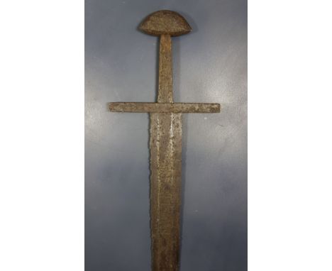 Ca.1200 AD. Rare Medieval (Norman) iron Sword with Warrior's running down the blade " ingelrii" ; Pattern welded from intertw