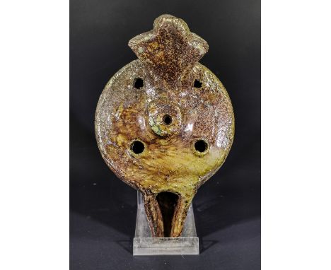 Ca.1000 AD Medieval Islamic terracotta glazed clay moulded oil lamp with geometric design relief and yellow/brown glaze chara