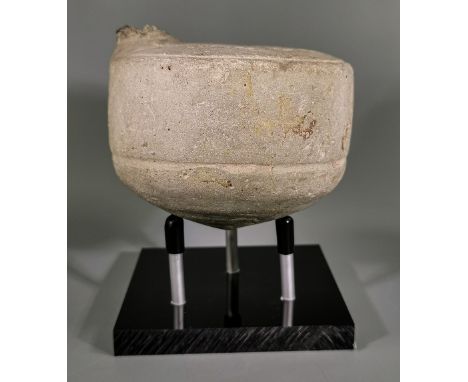 Ca.800 AD. A hollow ceramic vessel with cylinder short type body, domed top and conical base,cross motif on top area ; Good C