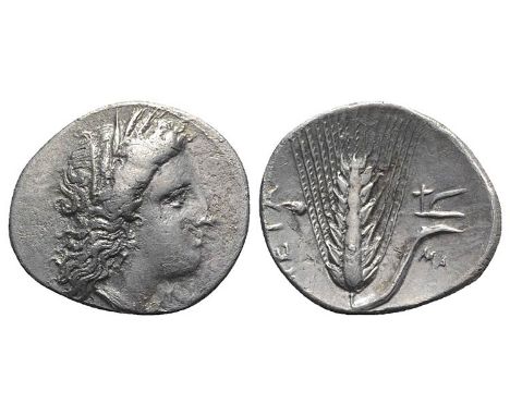 (23mm, 7.80g, 12h). Head of Demeter r., wearing grain-ear wreath and earring; ?[AI] below chin. R/ Barley ear, leaf to r.; pl