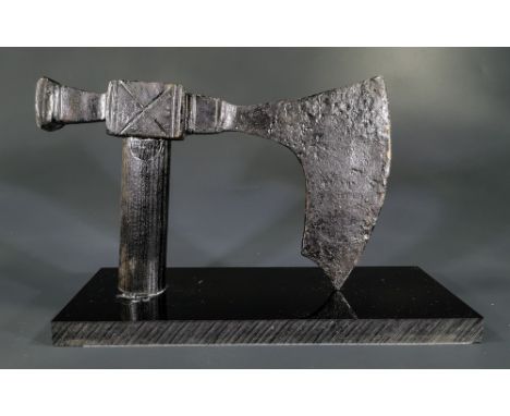 Ca.700-900 AD A Beautiful Medieval Viking iron axe head composed by rectangular shaped shaft for attachment decorated with X 
