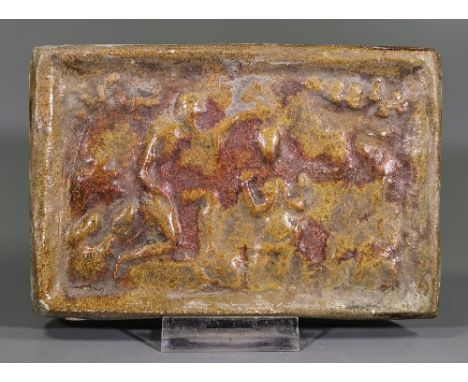 Ca.1700 AD. Interesting rectangular green-glazed ceramic tile depicting the Baptism of Christ; keyed incisions to the reverse