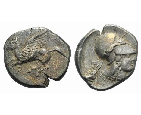 (22mm, 7.07g, 7h). Pegasos flying l. R/ Helmeted head of Athena r.; ivy-leaf behind. Pegasi 118; BCD Corinth 51.