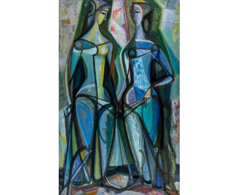 Ohnsorge, Paul. Ohne Titel. (Zwei Frauen im Gespräch). Öl auf Leinwand. Rechts unten signiert und datiert. 1955. Bildmaße: 10