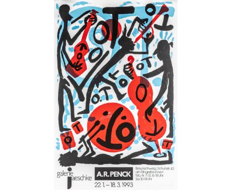 Penck, A. R. Jazz-Combo. Farblithographie auf Papier. Rechts unten signiert. Plakat zur Ausstellung in der Galerie Jaeschke, 
