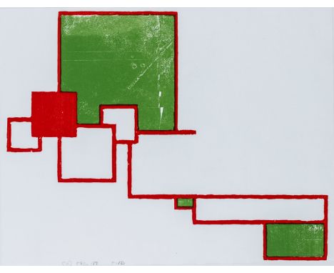 Buchholz, Erich. Quadrate und Rechtecke. Farbholzschnitt in Rot und Grün auf Japanpapier. Links unten monogrammiert, datiert 