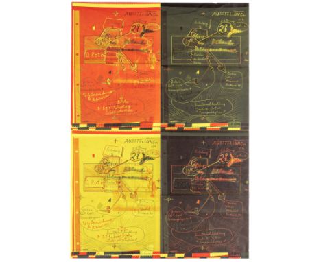 Roth, Dieter. Bilder, Bücher, Bi'bücher, Verlag. Farboffset-Plakat mit 4 Farbvarianten auf einem Blatt der Einladung zur Auss