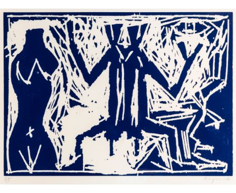 Penck, A. R. Verbannung. Farbholzschnitt auf Bütten. Signiert unten rechts, nummeriert unten links und mit Prägestempel verse