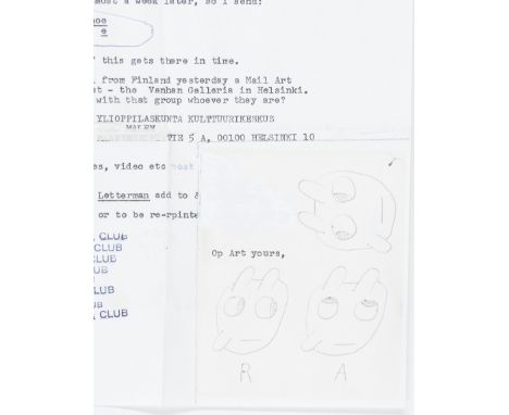 Johnson, Ray. Op Art Yours R A. Bleistiftzeichnung auf maschinenschriftlichem Brief von Ray Johnson an Peter R. Meyer in Stoc