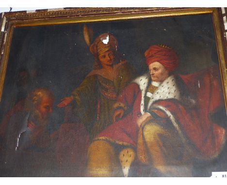 OLD MASTER SCHOOL.   AN EASTERN KING WITH ATTENDANTS, OIL ON CANVAS.   72 X 91CMS.