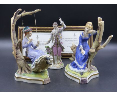 A ROYAL WORCESTER RONALD VON RUYCKELDT FIGURE OF ALICE EATING AN APPLE WHILE ON A SWING WITH CERTIFICATE 275/500 H.22CMS AND 