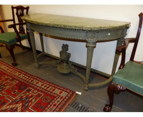 A FRENCH CARVED AND PAINTED LOUIS XVI STYLE DEMI LUNE MARBLE TOP CONSOLE TABLE WITH STOP FLUTED LEGS JOINED BY SHAPED CROSS S