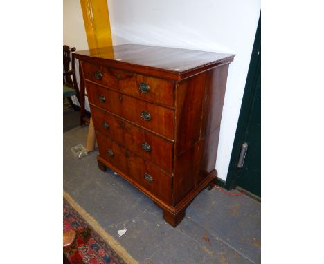 AN INLAID WALNUT GEORGIAN AND LATER COTTAGE FOUR DRAWER CHEST ON BRACKET FEET.   W.98 X D.57 X H.107CMS.