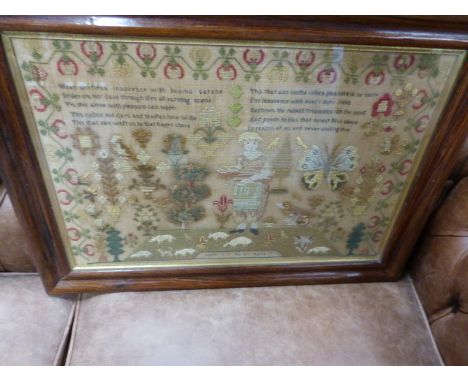 MARY ANN BAILEY'S VICTORIAN SAMPLER SEWN WITH A SHEPHERDESS CARRYING FIREWOOD BELOW VERSES AND BESIDES A BUTTERFLY AND BIRD I