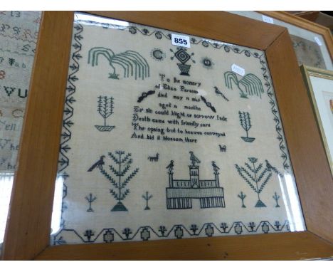 SARAH AND CATHERINES COLE'S ANTIQUE SAMPLERS, A MEMORIAL SAMPLER, A PATCHWORK PANEL AND THREE PRINTS OF HENS.