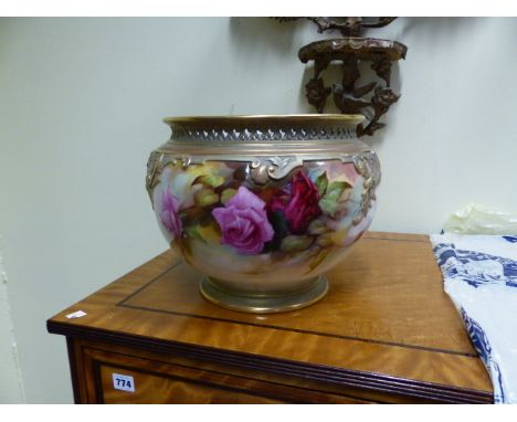 A ROYAL WORCESTER JARDINIERE WITH ROSE DECORATION AND PIERCED RIM SIGNED W.E.JARMAN.   DIA. 32 X H.25.5CMS.