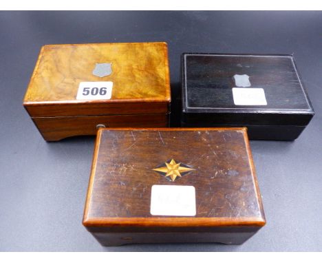THREE SWISS MUSIC BOXES, ONE PLAYING THREE AIRS ON A 7CMS COMB, ANOTHER FOUR AIRS ON A 7CMS COMB, THE LAST WITH A 5CMS COMB.