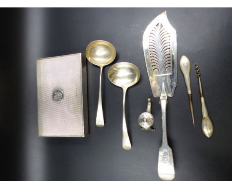 A COLLECTION OF SILVER CUTLERY AND TABLE WARE TO INCLUDE A LARGE ART DECO TABLE MATCHBOX COVER DATED 1923 FOR E.J.HASELER &am