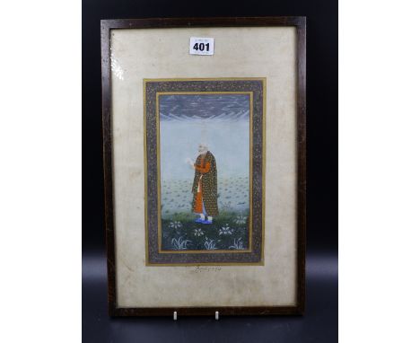 INDO PERSIAN SCHOOL.   PORTRAIT OF A STANDING SCHOLAR, ILLUMINATED MINIATURE WATERCOLOUR, INSCRIBED.   37 X 24.5CMS.