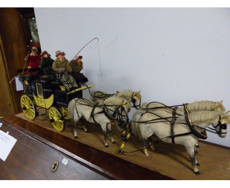 A SCALE MODEL OF A CARRIAGE WITH FIGURES OF A TEAM OF FOUR.   L93CMS.    W.14CMS.