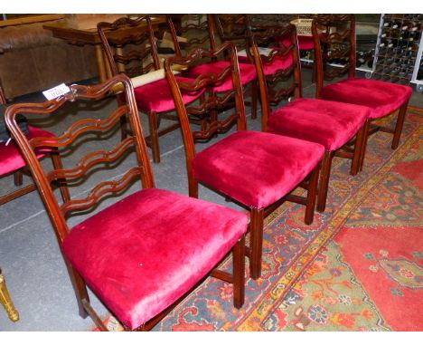 NINE CARVED MAHOGANY CHIPPENDALE STYLE PIERCED LADDER BACK DINING CHAIRS WITH MOULDED STRAIGHT STRETCHERS TOGETHER WITH A MAT