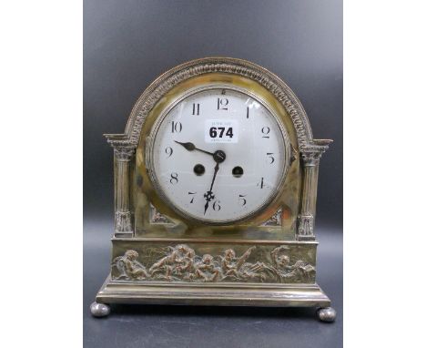 AN EARLY 20TH.C. SILVER PLATE CASED FRENCH MANTLE CLOCK, THE 8-DAY MOVEMENT STRIKING ON A COILED ROD AND THE WHITE ENAMEL DIA