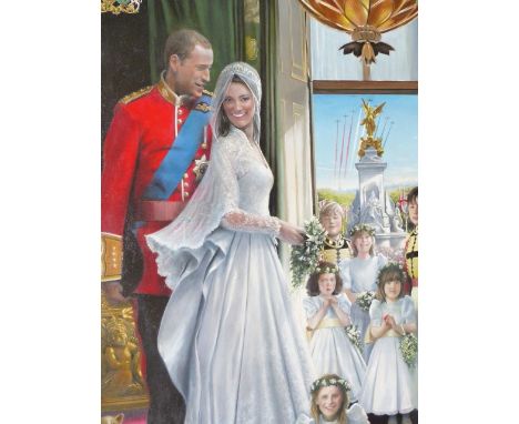 COLIN FROOMS.   (1933-2017)   ARR.   THE ROYAL WEDDING - WILLIAM AND KATE,  OIL ON CANVAS.   206 X 135  CMS.    IT IS UNDERST