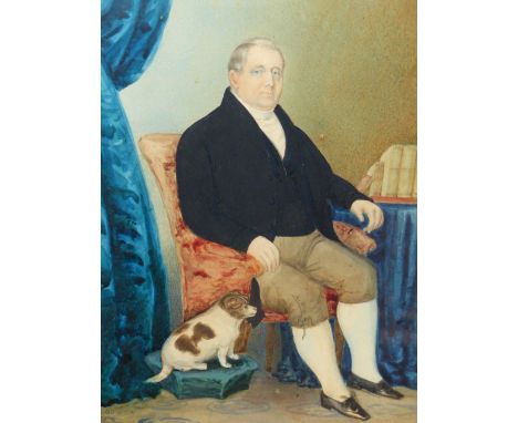 EARLY 19TH.C.ENGLISH NAIVE SCHOOL.   PORTRAIT OF A SEATED GENTLEMAN AND HIS DOG, INDISTINCTLY SIGNED AND DATED, WATERCOLOUR. 