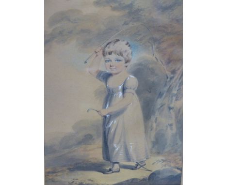 EARLY 19TH.C.ENGLISH SCHOOL.   PORTRAIT OF A CHILD RIDING A HOBBY HORSE WITH OXFORD FRAMER'S LABEL VERSO.   28 X 19CMS.