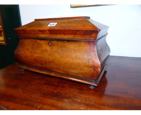 A LARGE EARLY VICTORIAN INLAID BURL WALNUT BOMBE TEA CADDY WITH FITTED INTERIOR ON BUN FEET.   W.38CMS.