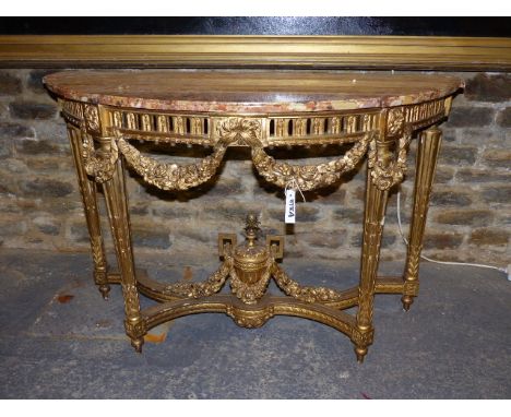 AN ANTIQUE FRENCH CARVED GILTWOOD LOUIS XVI STYLE DEMI LUNE MARBLE TOP CONSOLE TABLE WITH PIERCED FRIEZE WITH SWAGS.   H.84 X