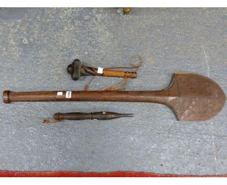 A FIJIAN OR TONGAN THROWING CLUB.   31.5CMS A CHIP CARVED CANNIBAL FORK.   35.5CMS AND A CHIP CARVED CEREMONIAL PADDLE.   L.1